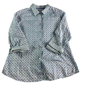 Foxcroft Womens 12 Blue White Geometric Button Up Shirt Wrinkle Free Cotton